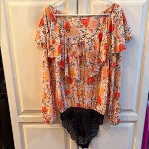 Free People Floral Ruffle Bodysuit - Orange and Black